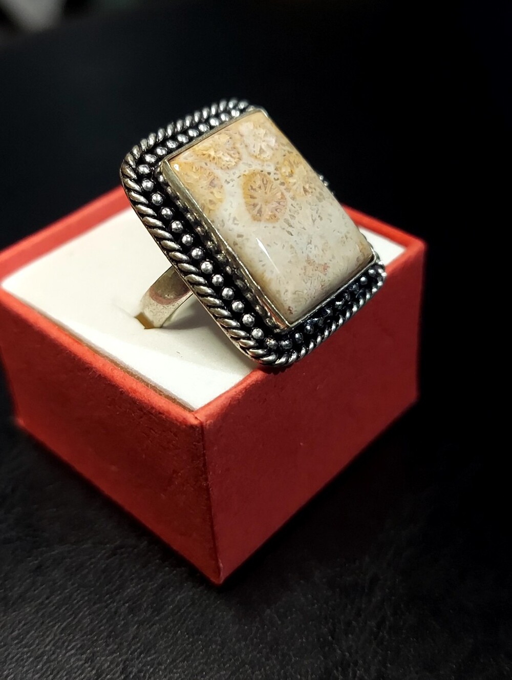 Handcrafted Cream Fossil Coral Rectangluar Ring (8)